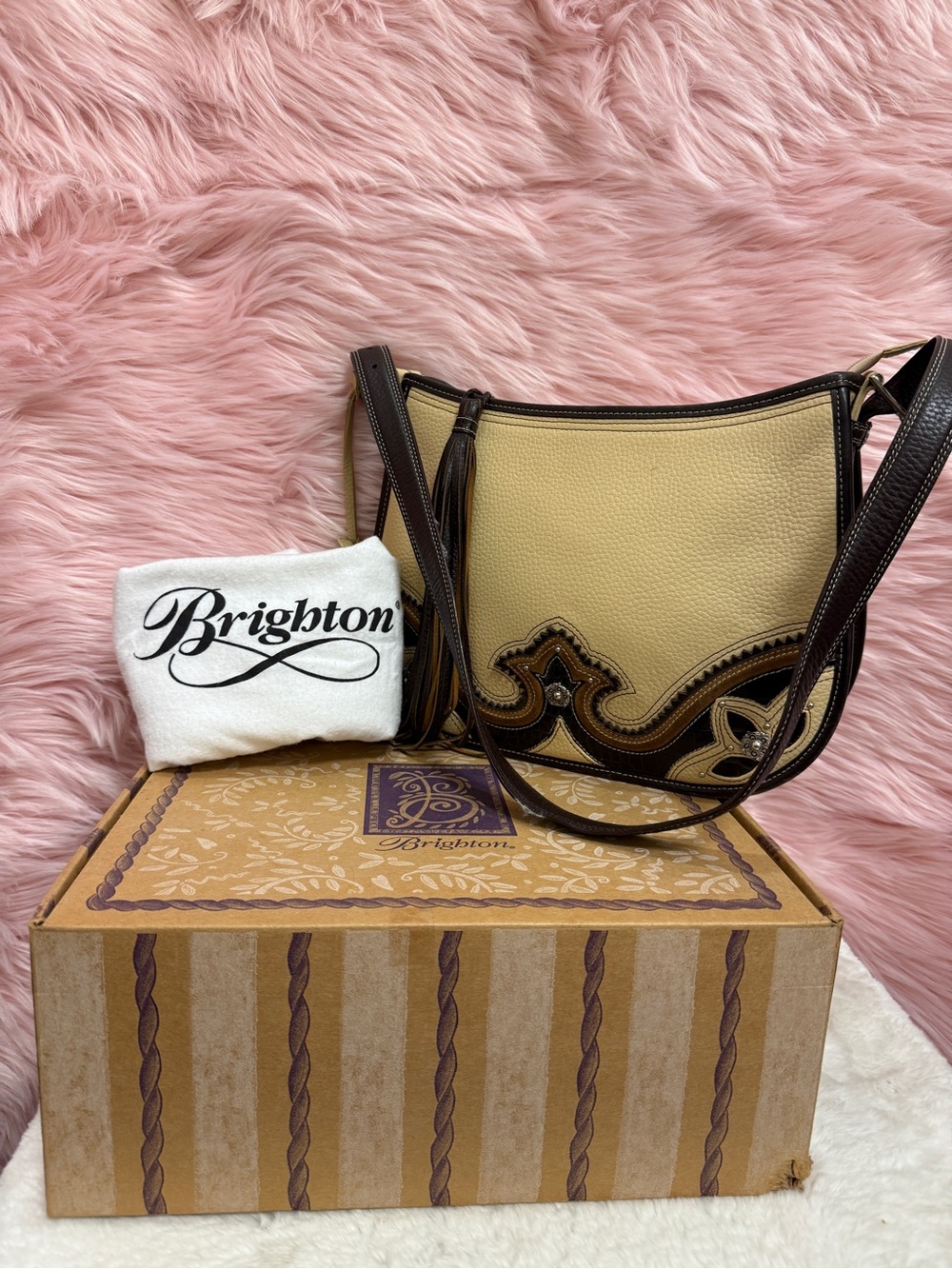 Brighton Beige and Brown Leather Shoulder Bag with Scroll Accent